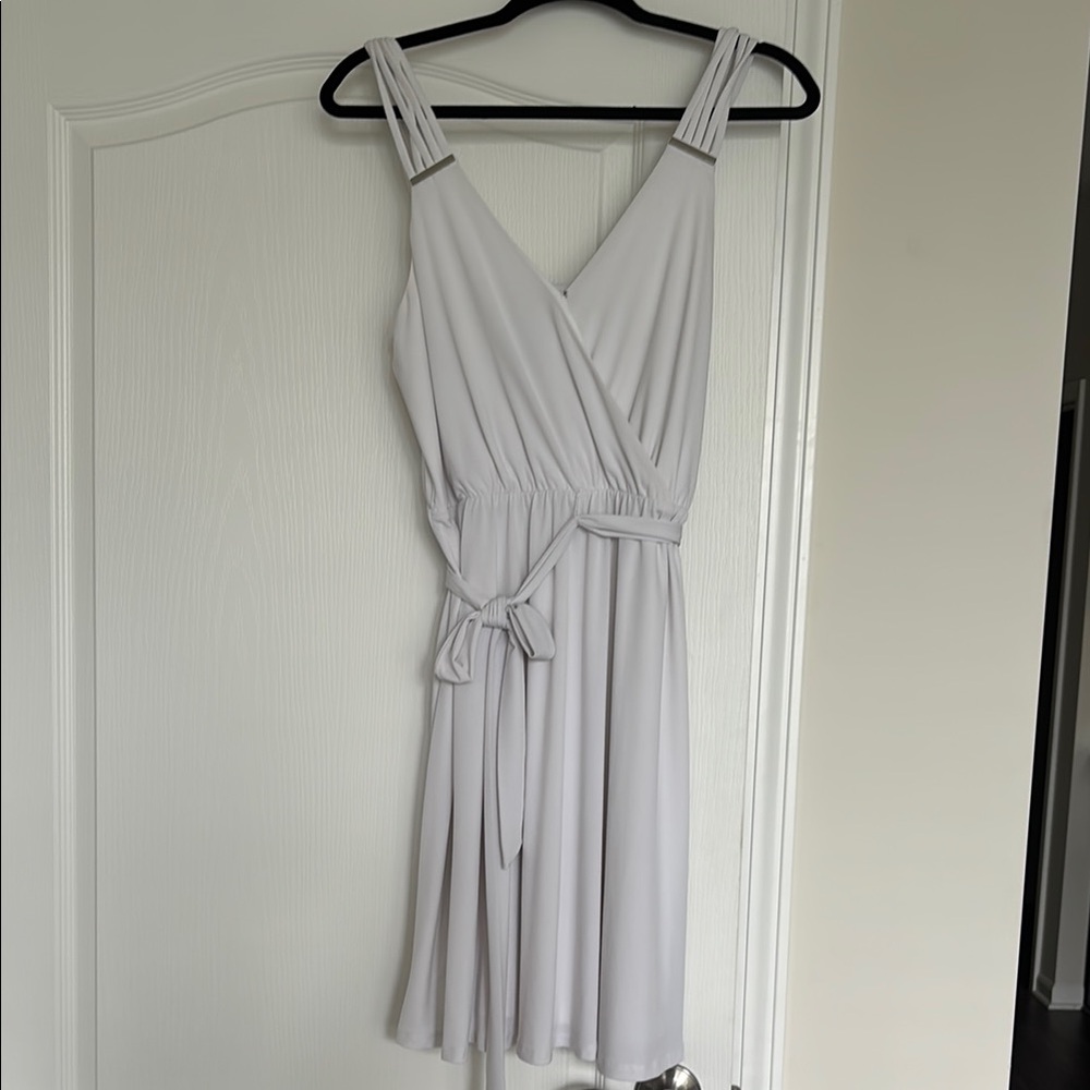 Kensie Gray and Purple Wrap Midi Dress V-Neck Tie Front